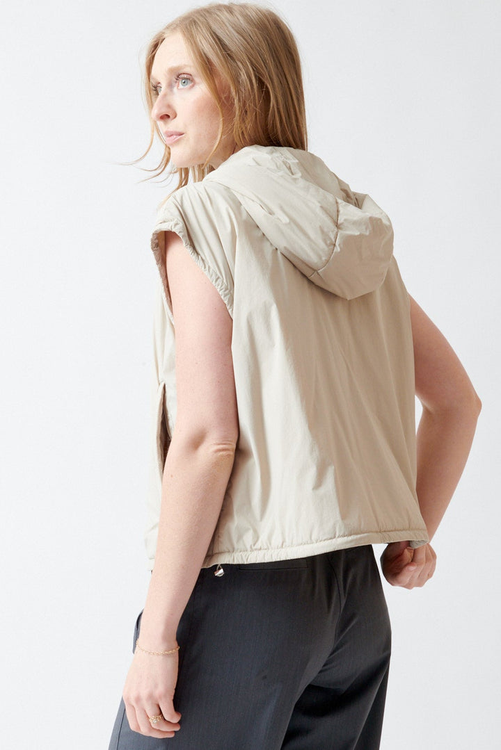 Madi wearing Herno Light Nylon Stretch Hooded Blouson Vest rear view