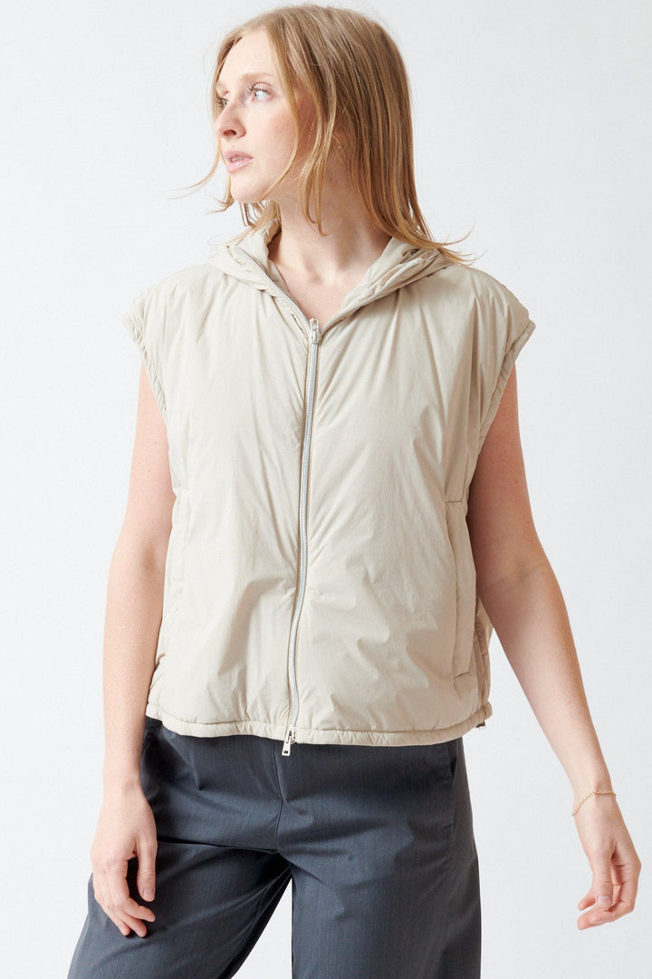 Madi wearing Herno Light Nylon Stretch Hooded Blouson Vest front view