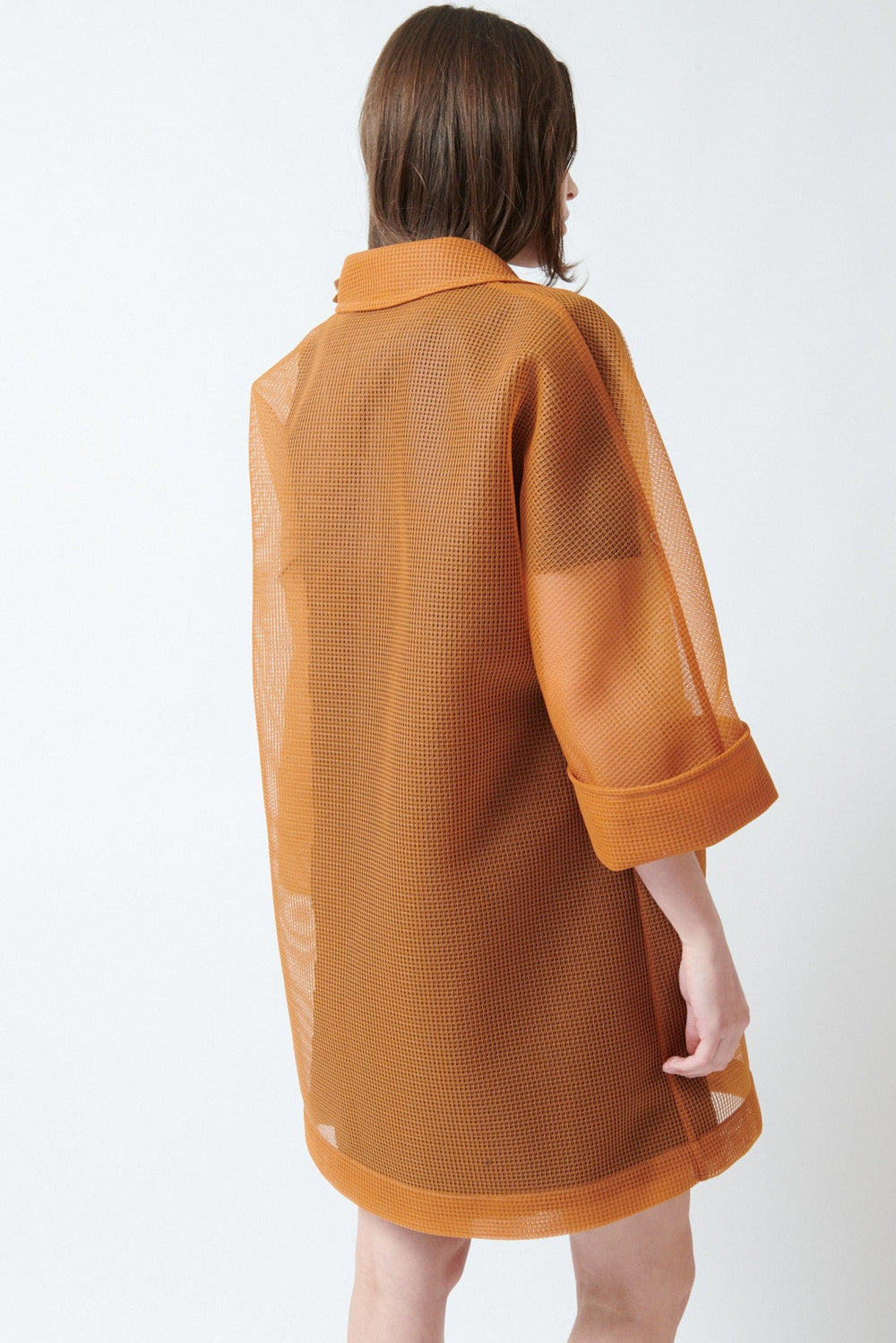 Angela wearing Herno Mesh Oversized Double Breasted Caban Pumpkin rear view