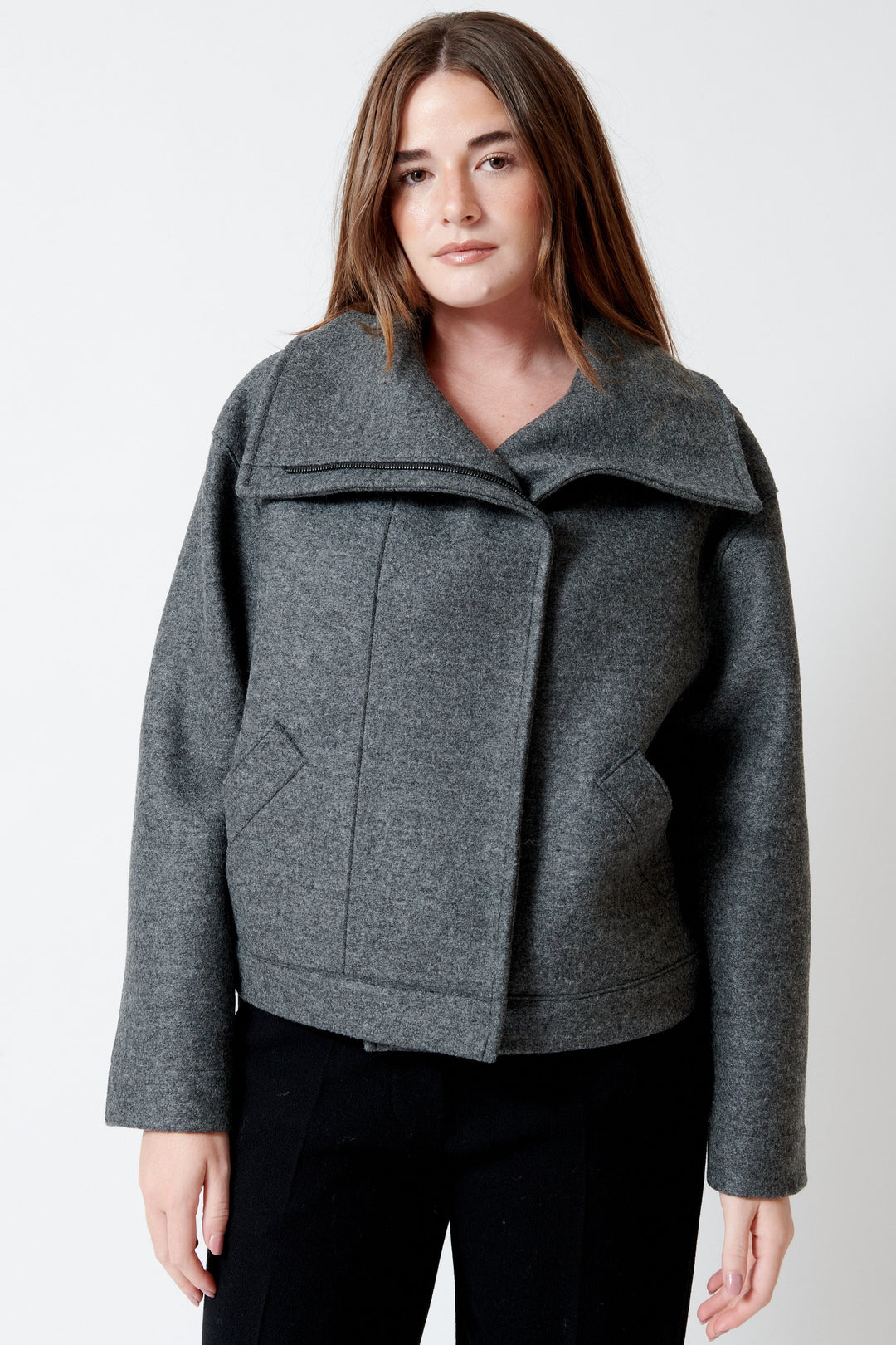 Model wearing Harris Wharf Pressed Wool Funnel Biker Jacket front view