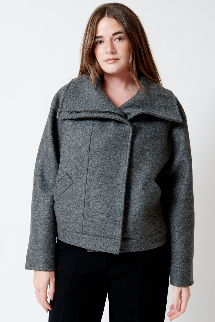 Model wearing Harris Wharf Pressed Wool Funnel Biker Jacket front view