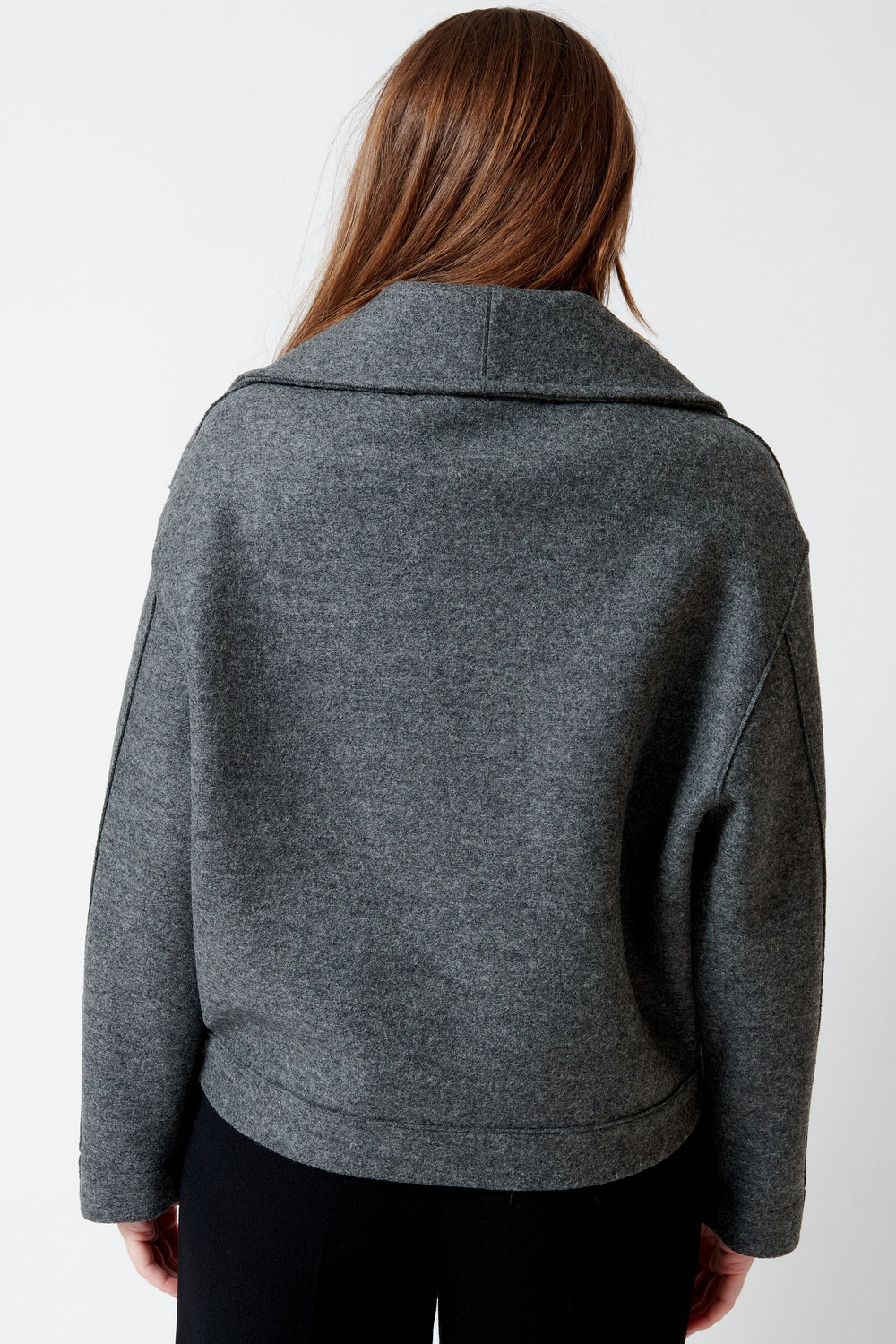 Model wearing Harris Wharf Pressed Wool Funnel Biker Jacket rear view