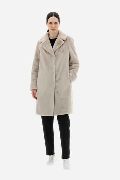 Model Wearing Herno faux fur coat sold at Grethen House.
