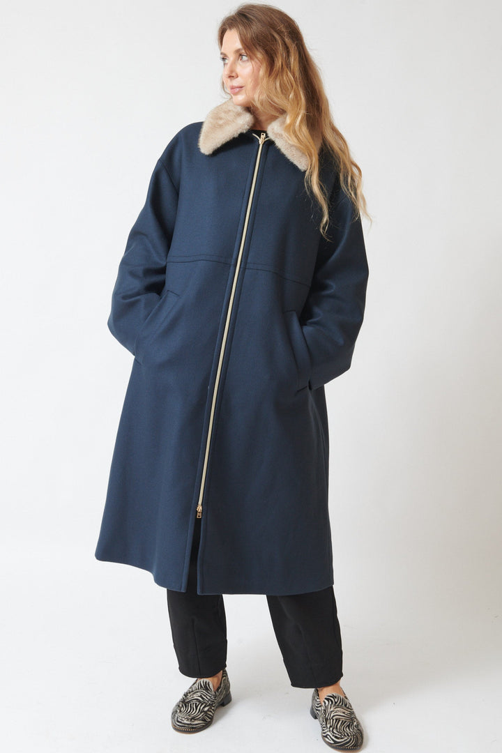 Mari wearing Herno Dual Zip Babcock Coat With Removable Faux Fur Collar Blue Black front view