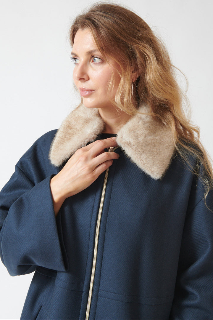 Mari wearing Herno Dual Zip Babcock Coat With Removable Faux Fur Collar Blue Black front detail view