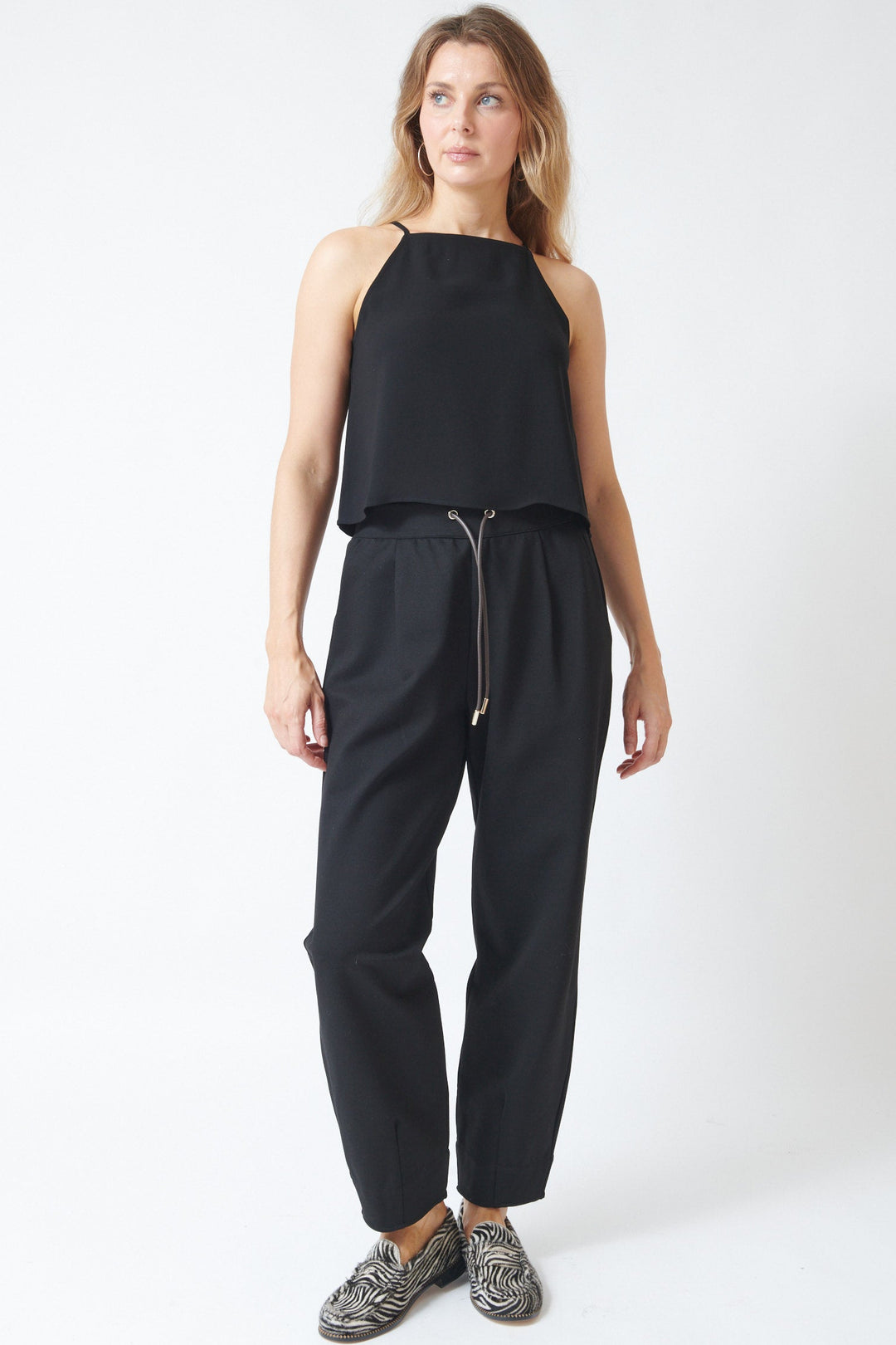 Mari wearing Herno Luxe Drawstring Pant Black front view