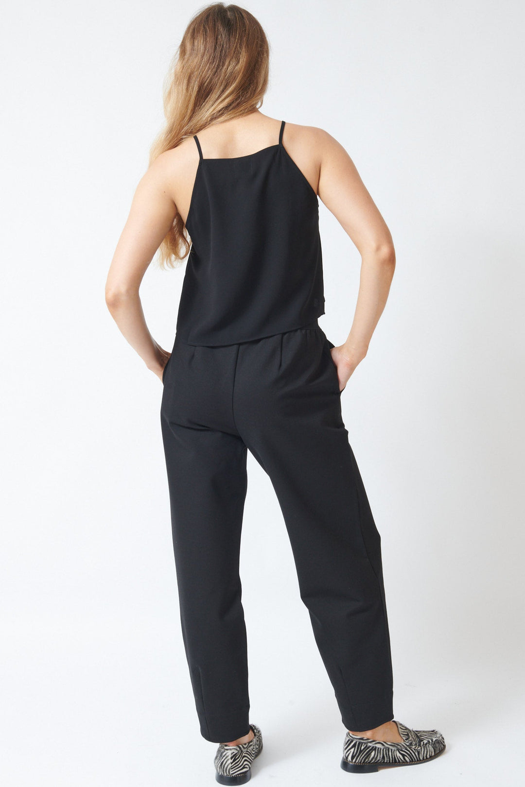 Mari wearing Herno Luxe Drawstring Pant Black rear view