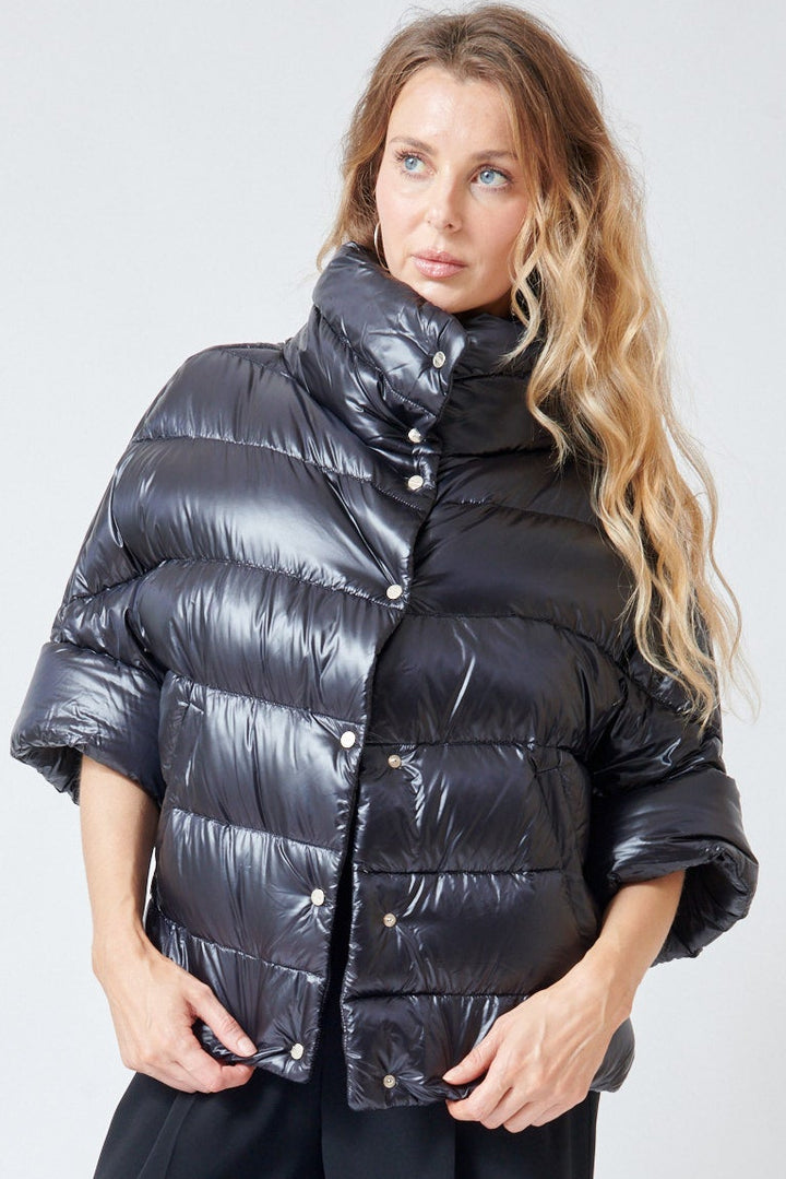 Mari wearing Herno Mid Sleeve Puffer Jacket With Added Arm Warmer Sleeve Black front view