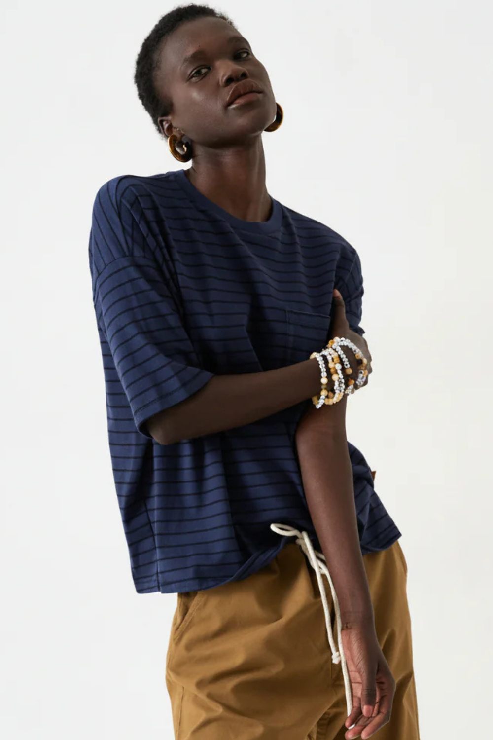 Model wearing Jamie Haller The Boxy Tee in Blue Stripe front view
