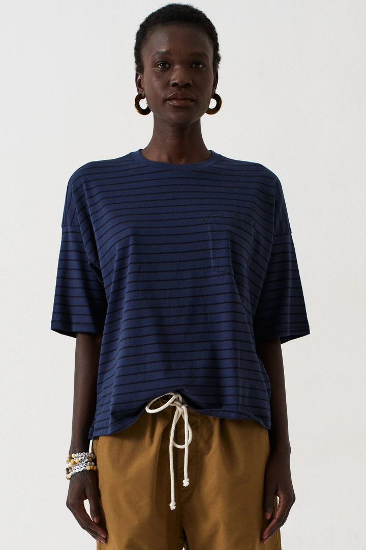 Model wearing Jamie Haller The Boxy Tee in Blue Stripe front view