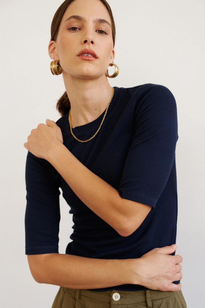 Model wearing Jamie Haller The Rib Elbow Crew front view
