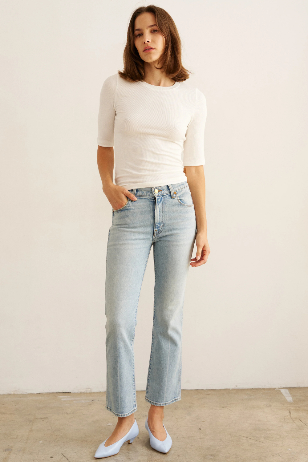 Model wearing Jamie Haller The Rooney Mid Jean front view