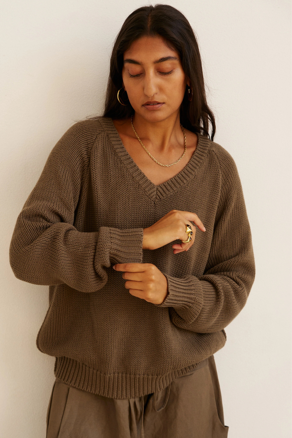Model wearing Jamie Haller The V Fave Sweater front view