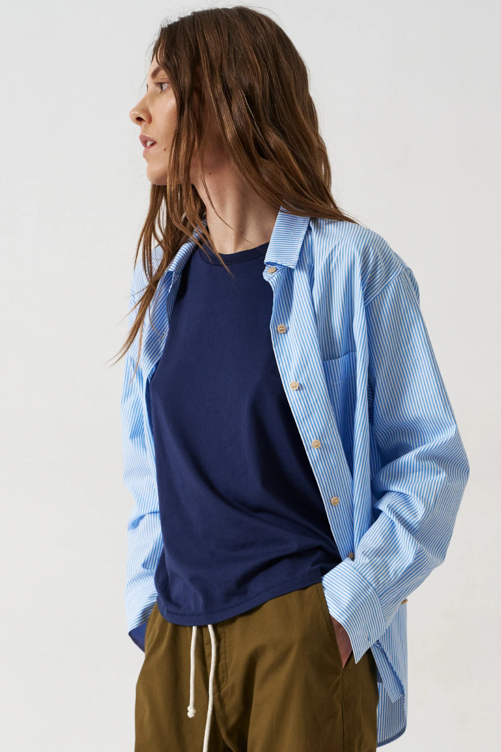 Model wearing Jamie Haller The Weekend Shirt in Teal Stripe front view