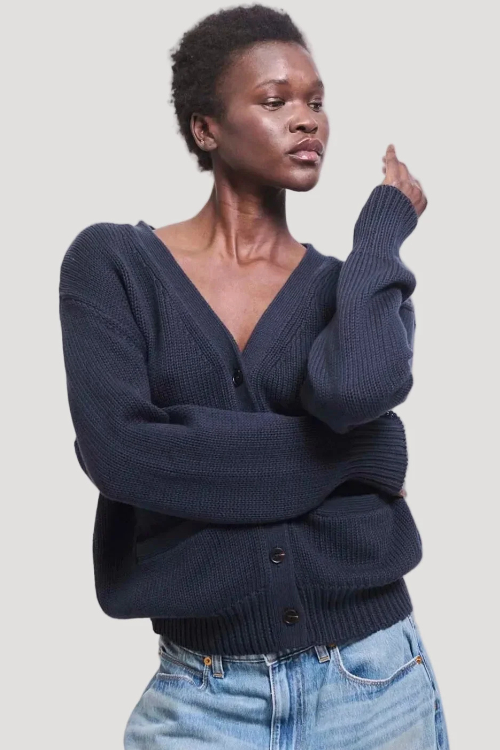 Model wearing Jamie Haller The Welt Pocket Cardigan front view