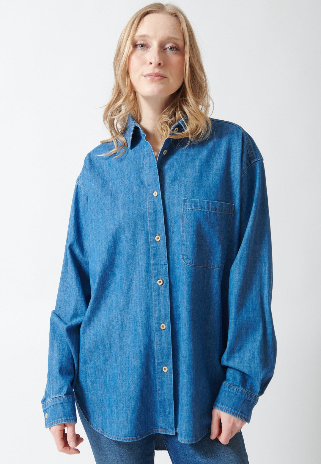 Madi wearing Jamie Haller The Essential Shirt front view