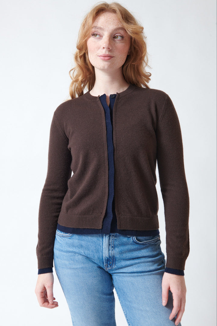 Waverly wearing Jumper 1234 Cashmere Double Trim Cardigan front view