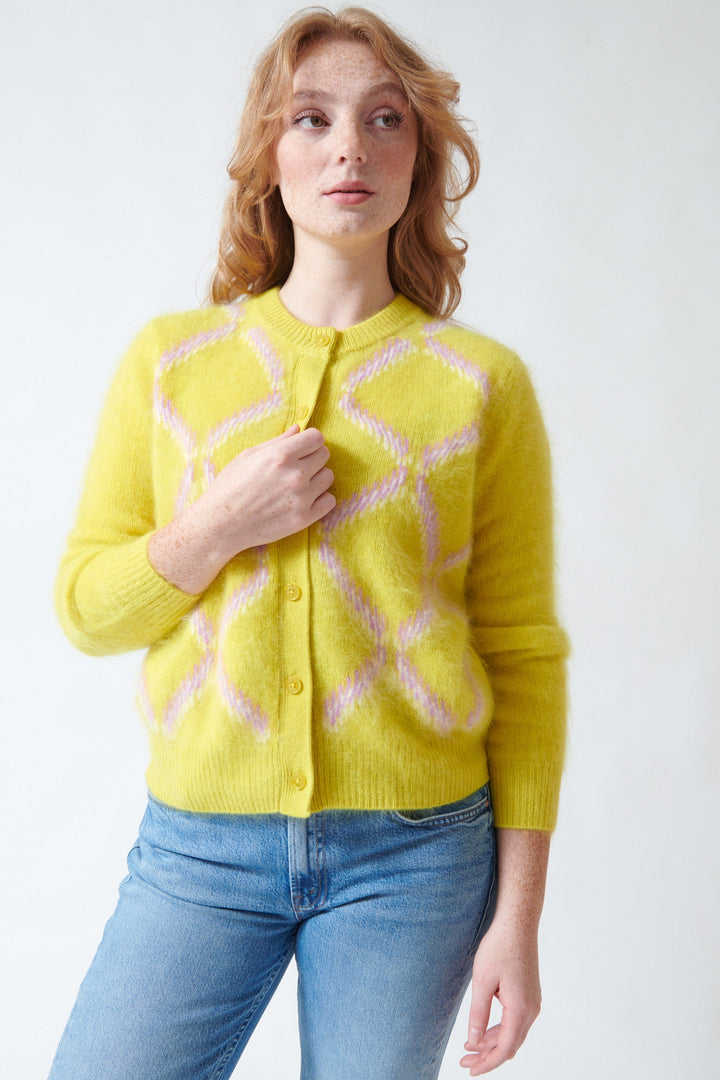 Waverly wearing Jumper 1234 Cashmere Graphic Argyle Cardigan front view