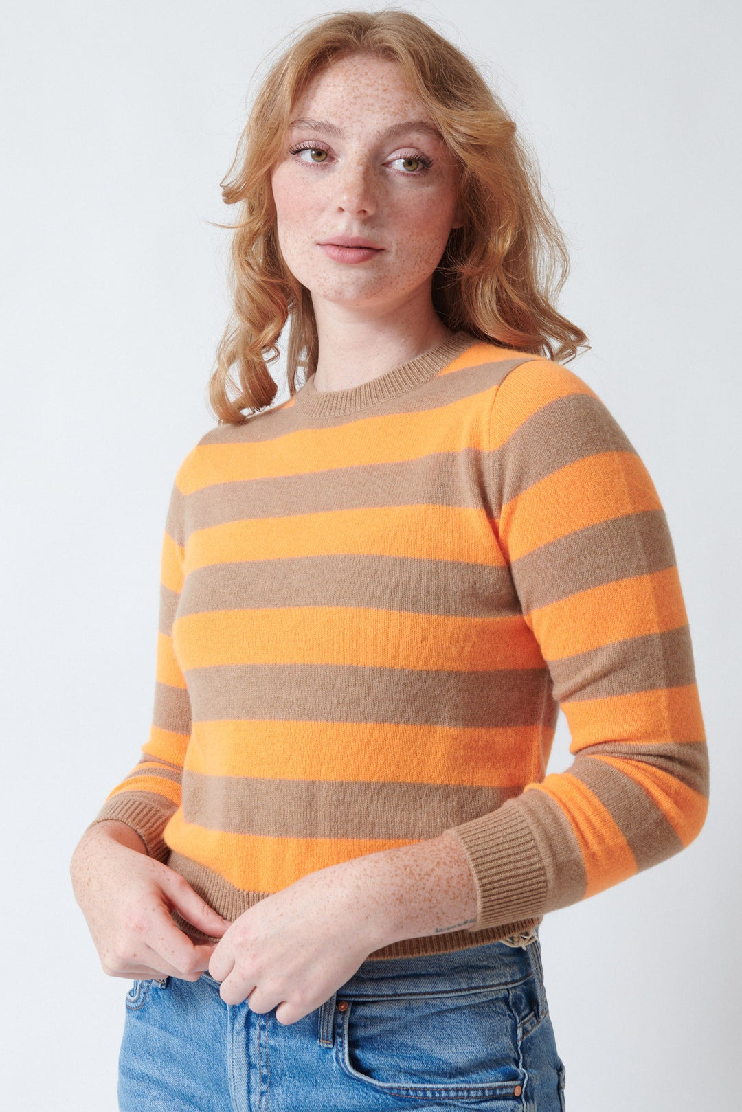 Waverly wearing Jumper 1234 Cashmere Stripe Crew front view