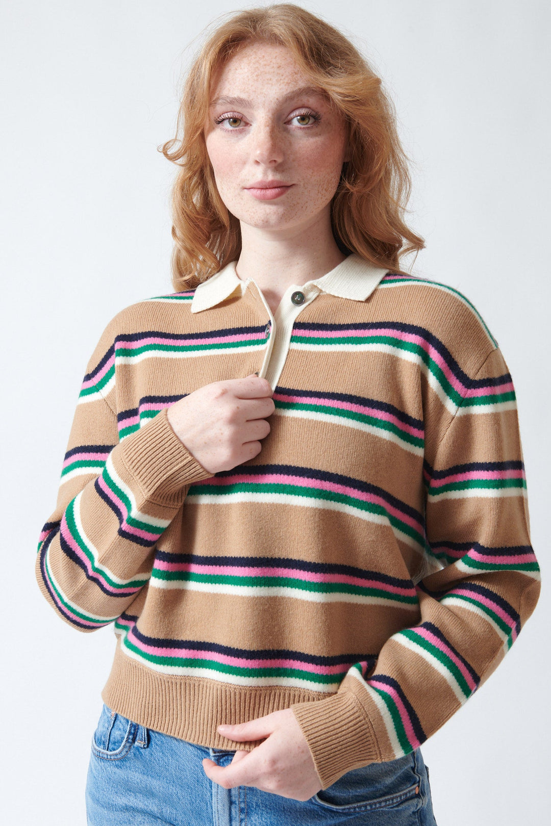 Waverly wearing Jumper 1234 Tipping Stripe Rugby Sweater front view