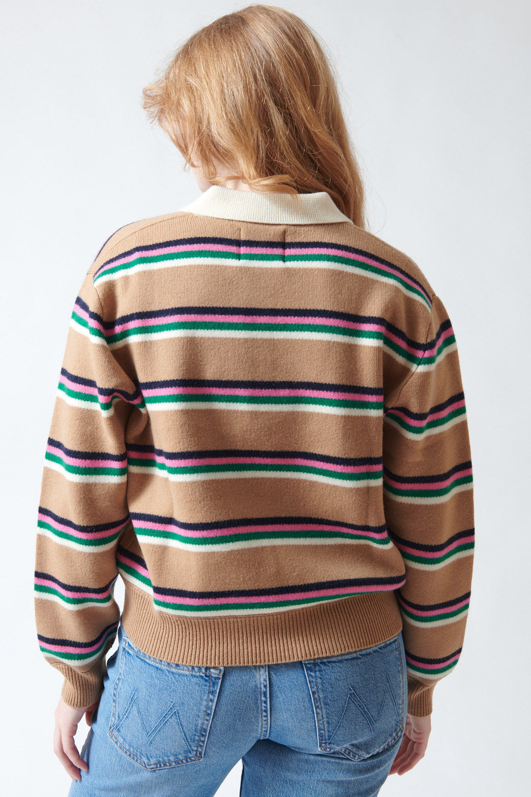 Waverly wearing Jumper 1234 Tipping Stripe Rugby Sweater rear view