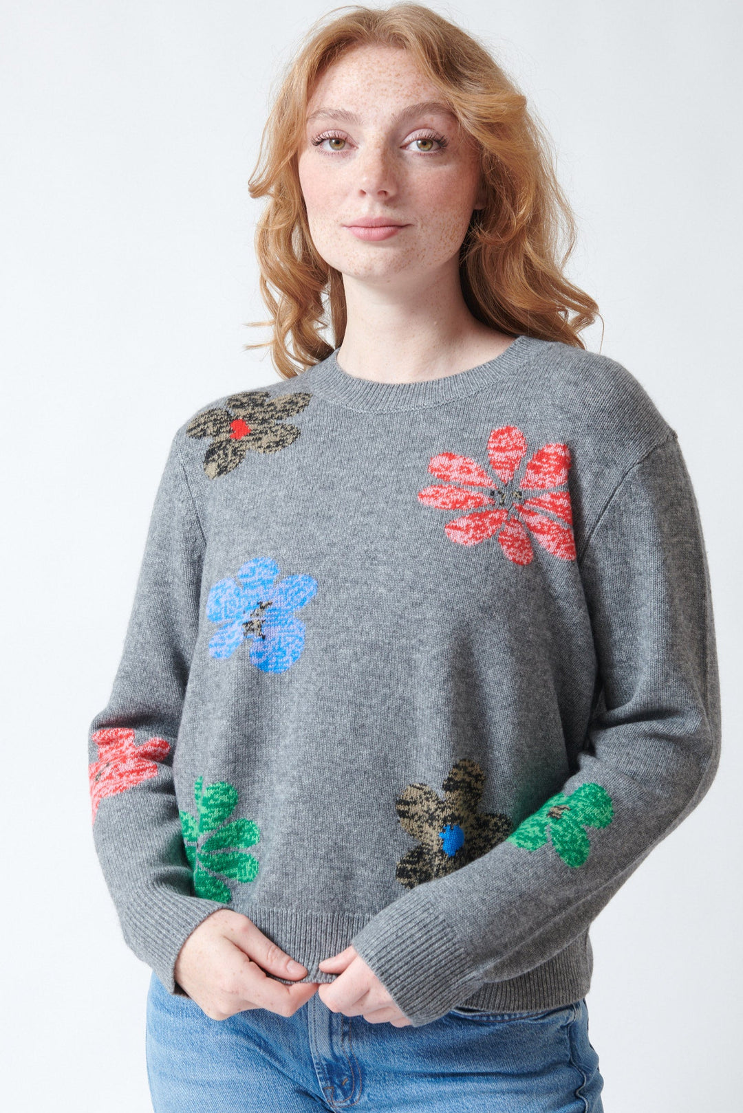 Waverly wearing Jumper 1234 Twisted Floral Crew Sweater front view