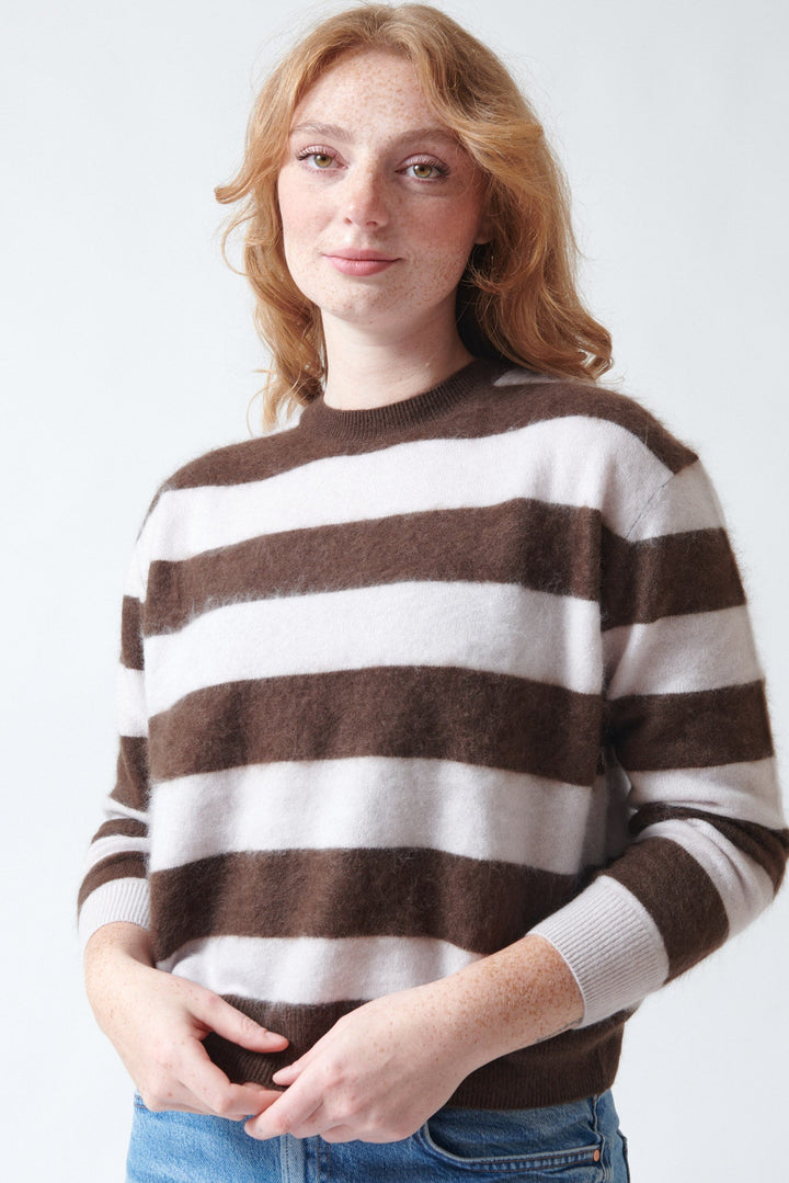 Waverly wearing Jumper 1234 Wool Brushed Stripe Crew front view