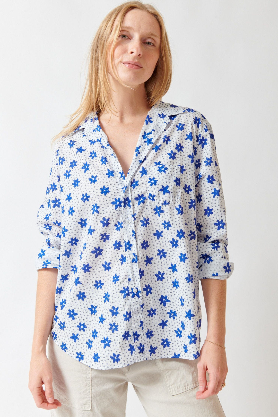 Madi wearing Frank & Eileen Eileen Relaxed Button Up Shirt front view