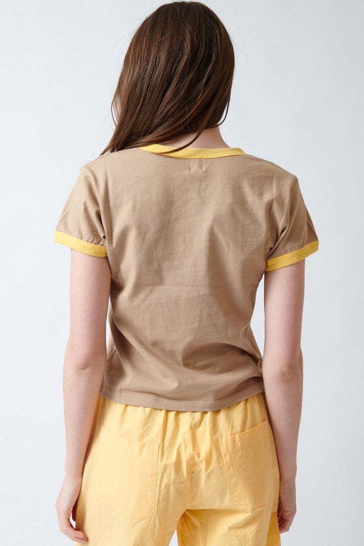 Angela wearing LESET Margo Ringer Tee rear view