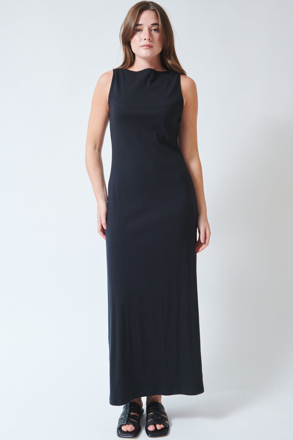 Julia wearing LESET Nando Boatneck Maxi Dress Black front view