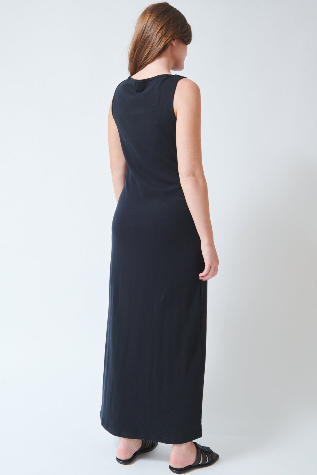 Julia wearing LESET Nando Boatneck Maxi Dress Black rear view