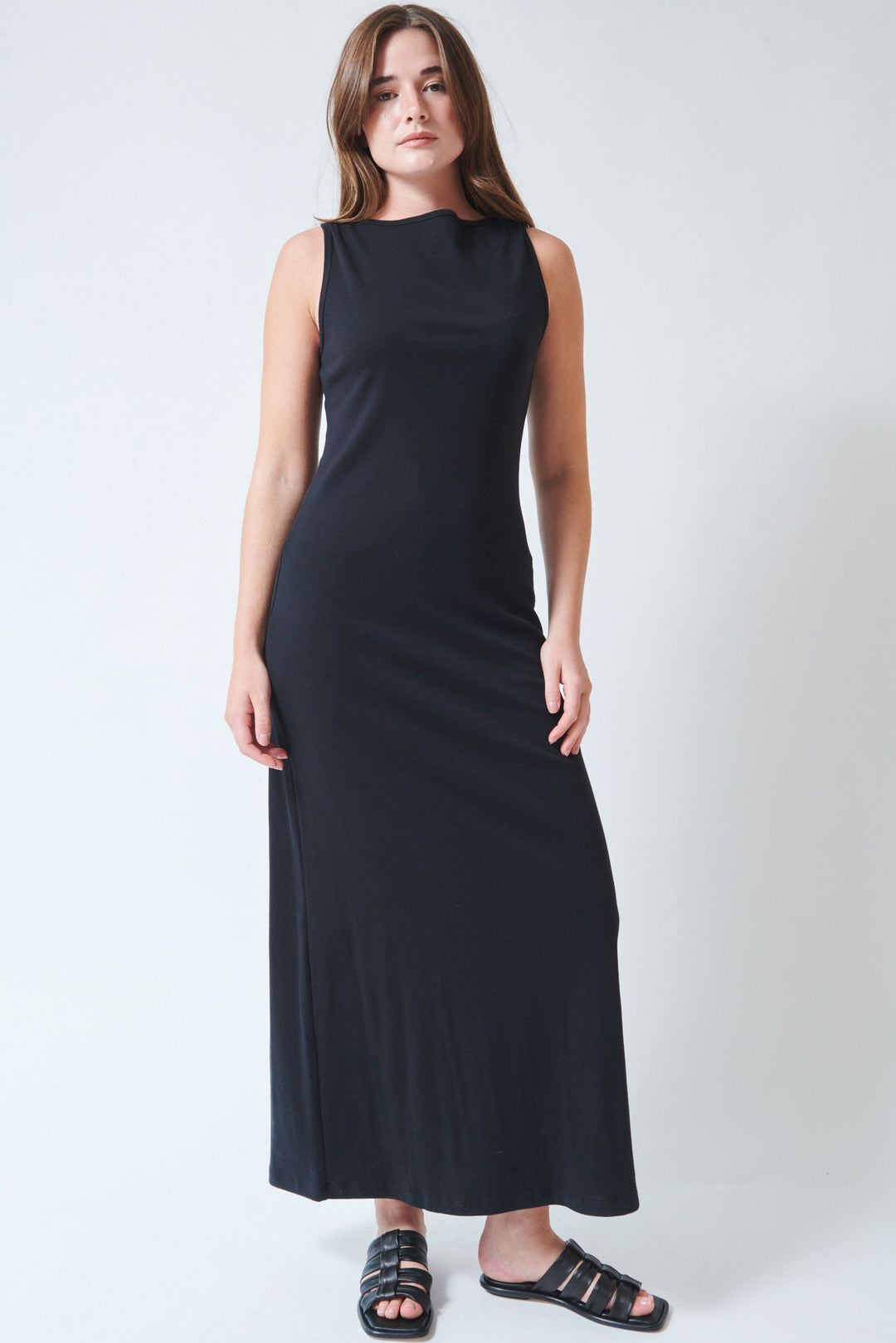 Julia wearing LESET Nando Boatneck Maxi Dress Black front view