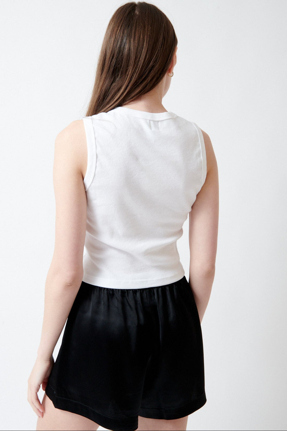 Angela wearing LESET Nando Sleeveless Crew rear view 