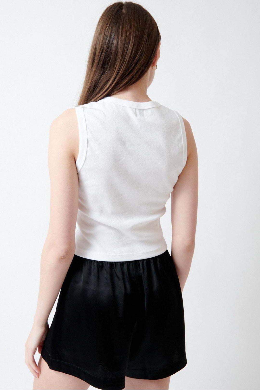 Angela wearing LESET Nando Sleeveless Crew rear view 