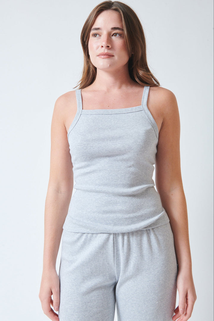 Julia wearing LESET Nando Square Neck Tank Light Grey Melange front view