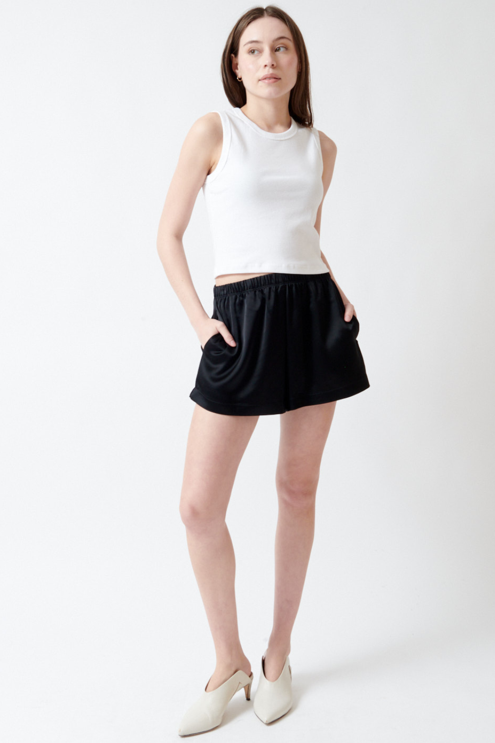 Angela wearing LESET Barb Boxer Short front view