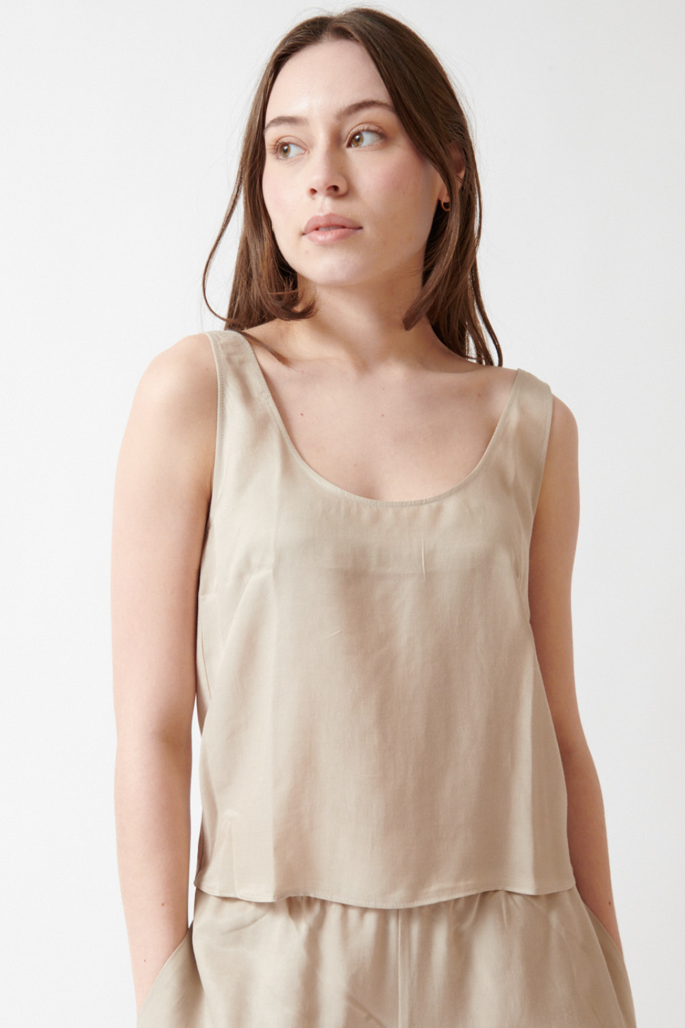 Angela wearing LESET Kim Scoop Tank Top front view