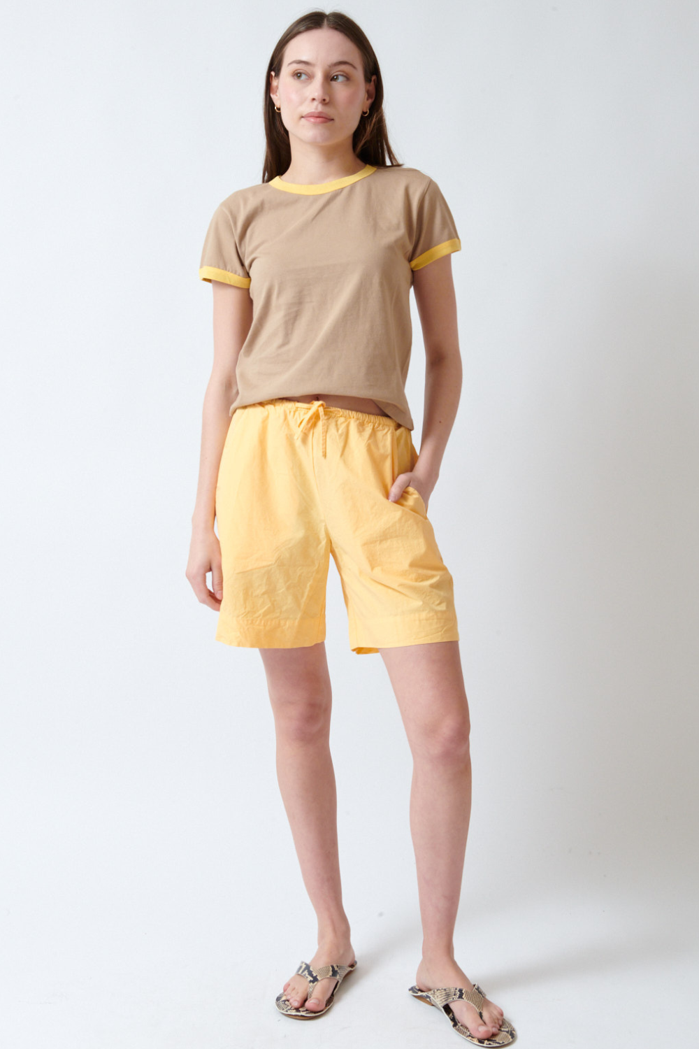 Angela wearing LESET Kyoto Carpenter Short front view