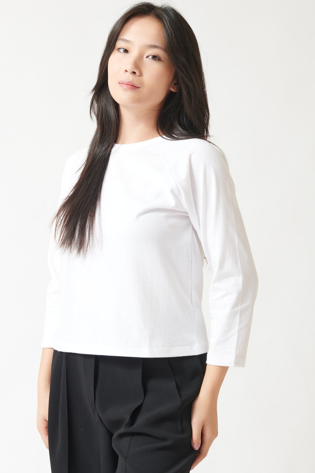 Lilly wearing LESET Margo Baseball Tee White front view