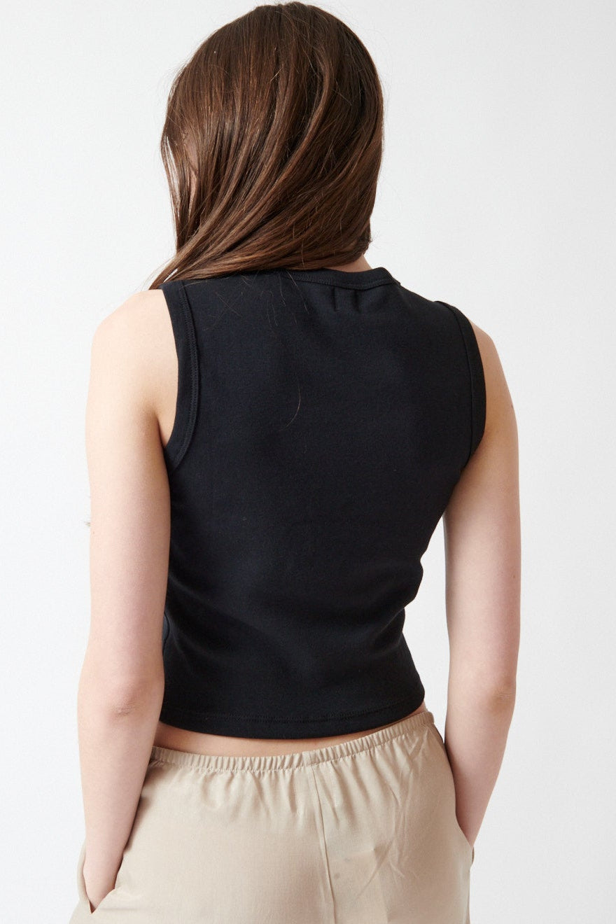 Angela wearing LESET Nando Sleeveless Crew rear view