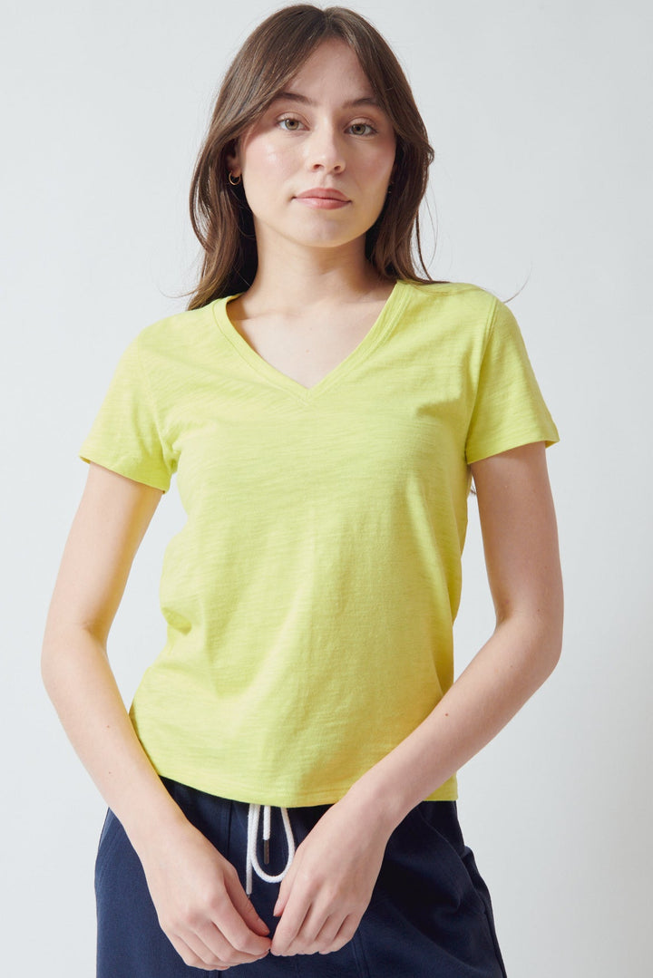 Angela wearing Lilla P Short Sleeve Back Seam V Neck Tee front view