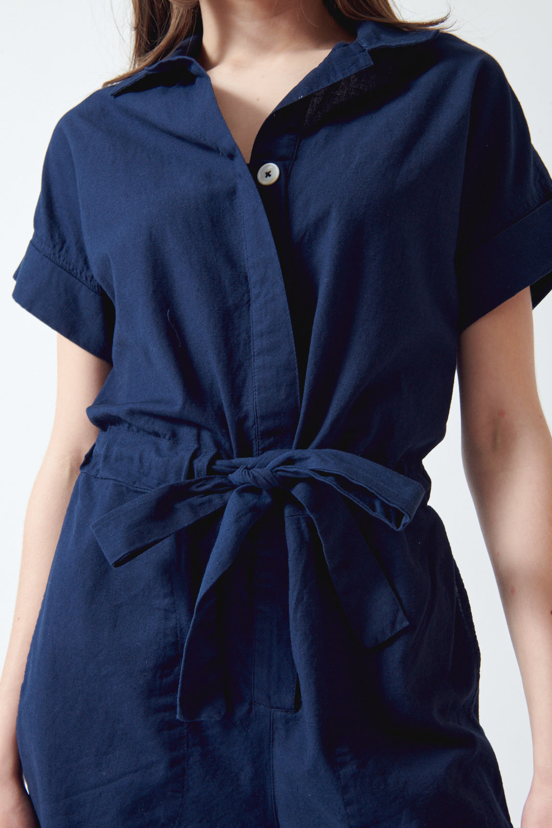 Angela wearing Lilla P Linen Blend Romper Navy front/detail view