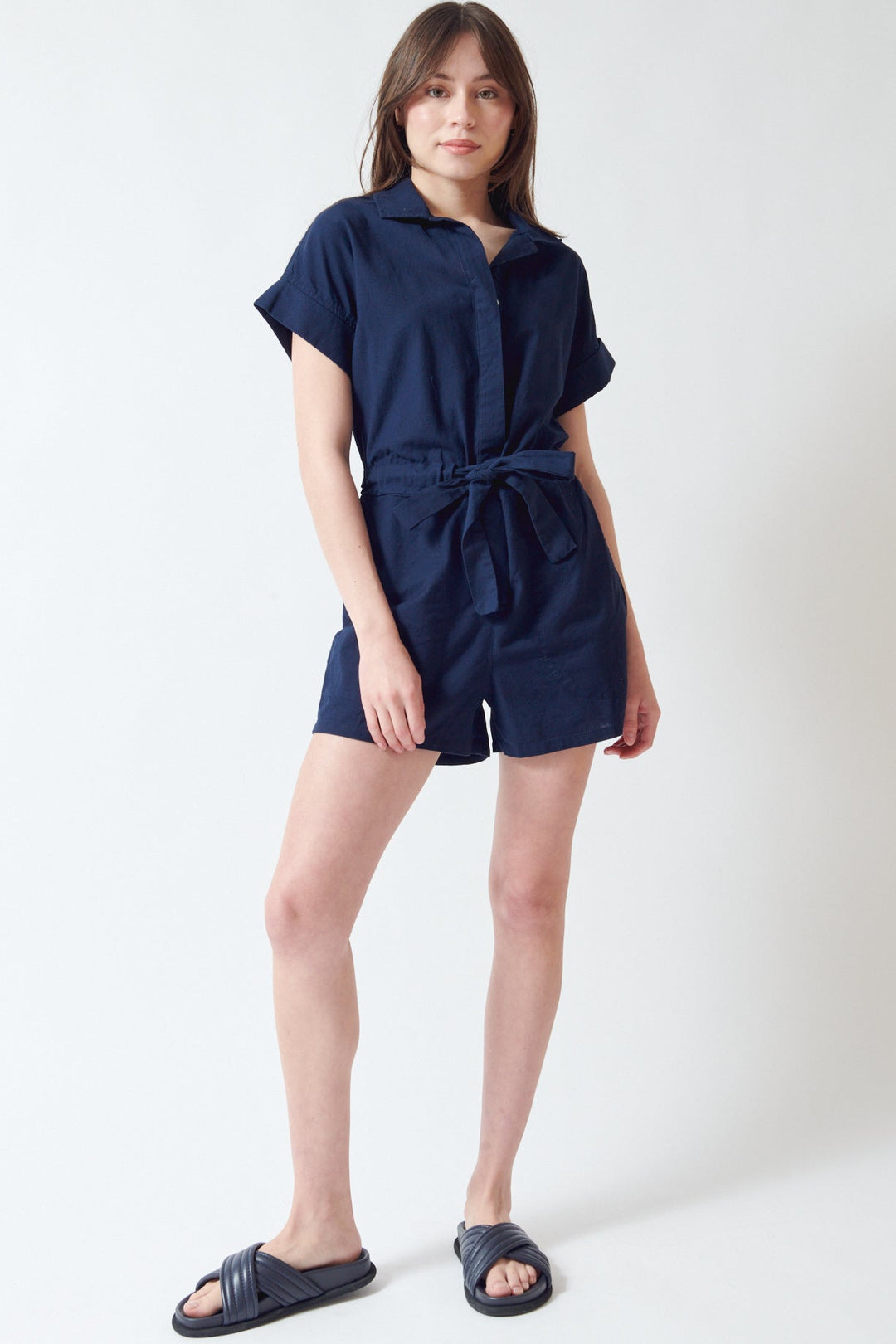 Angela wearing Lilla P Linen Blend Romper Navy front view