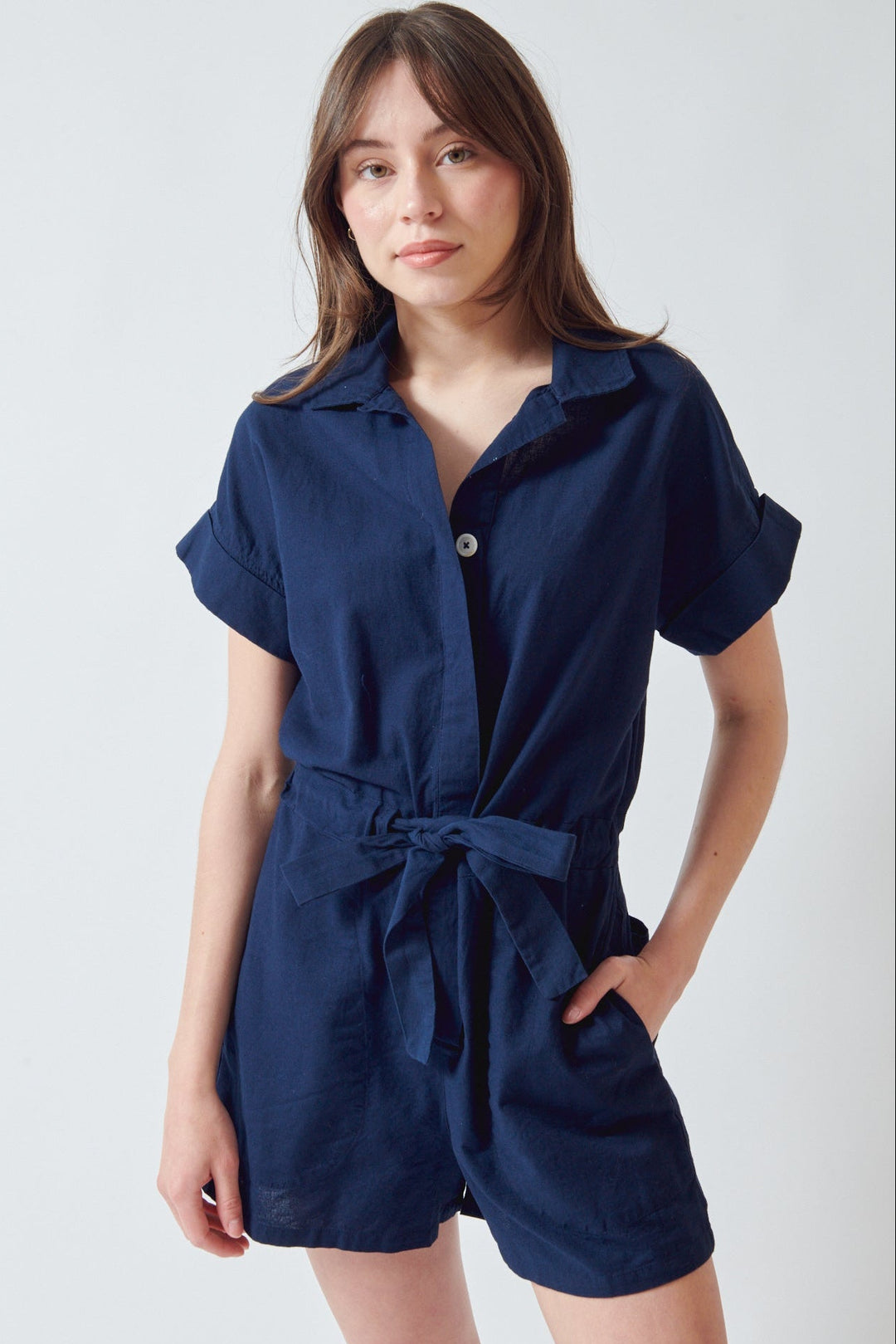 Angela wearing Lilla P Linen Blend Romper Navy front view