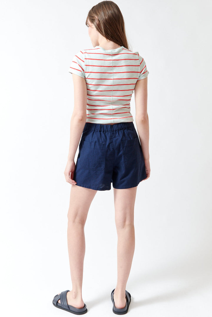 Angela wearing Lilla P Linen Blend Skort Navy rear view