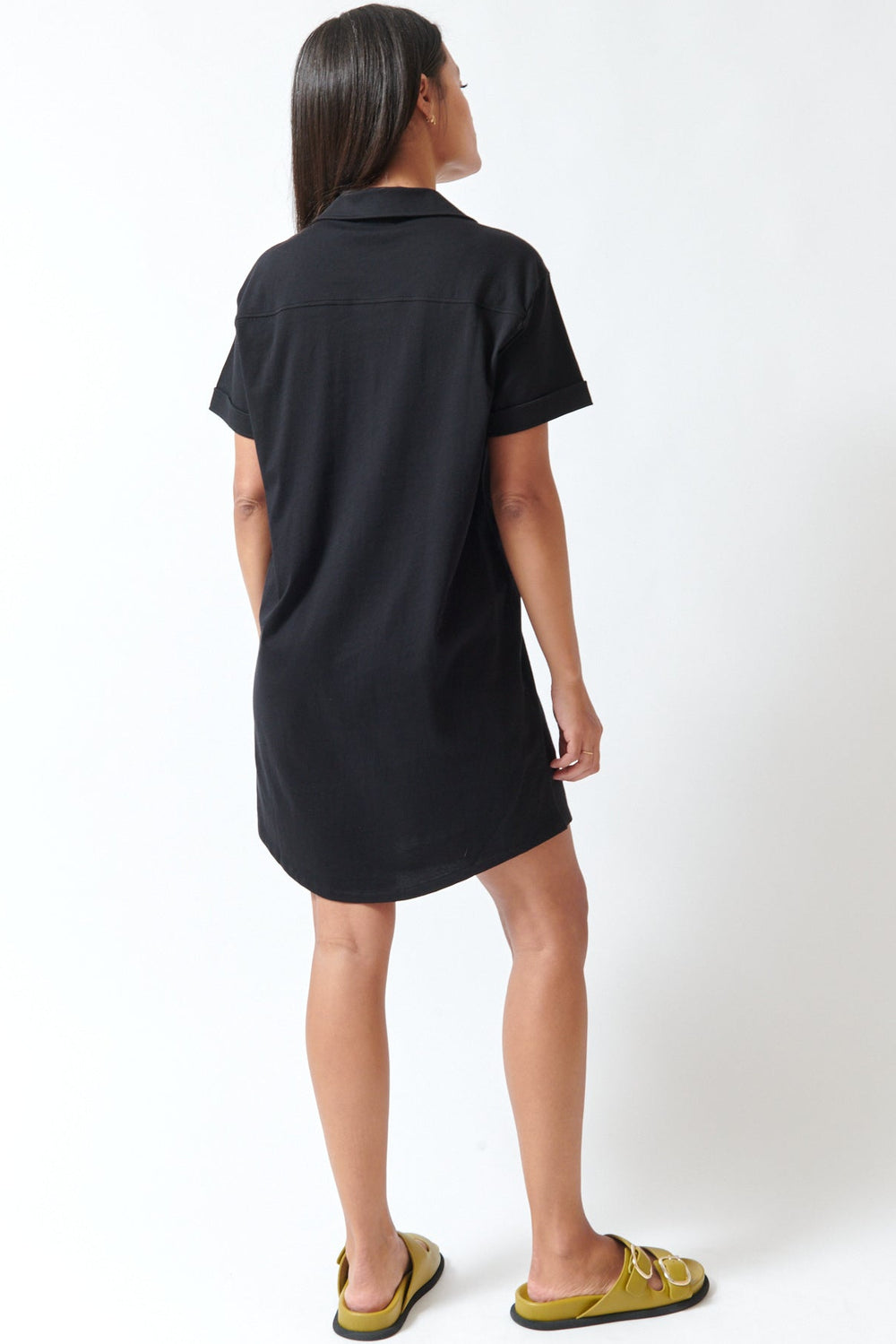 Amanda wearing Lilla P Organic Easy Shirt Dress Black rear view