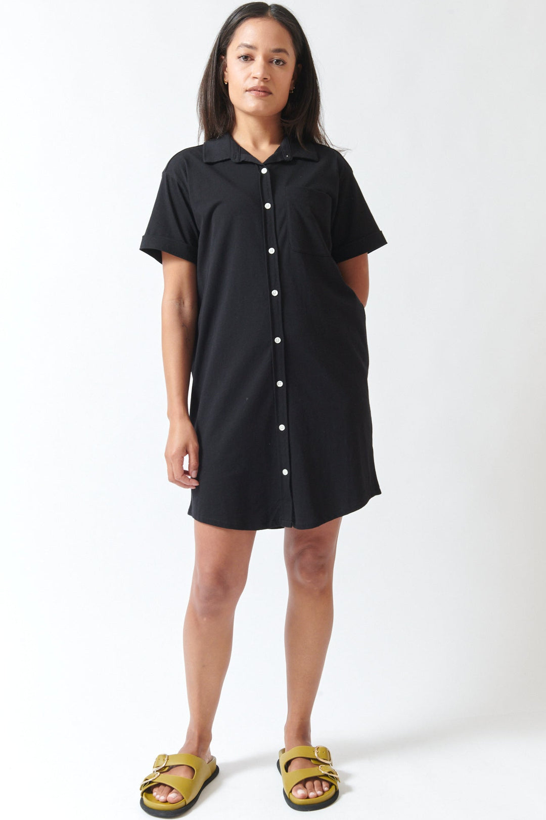 Amanda wearing Lilla P Organic Easy Shirt Dress Black front view
