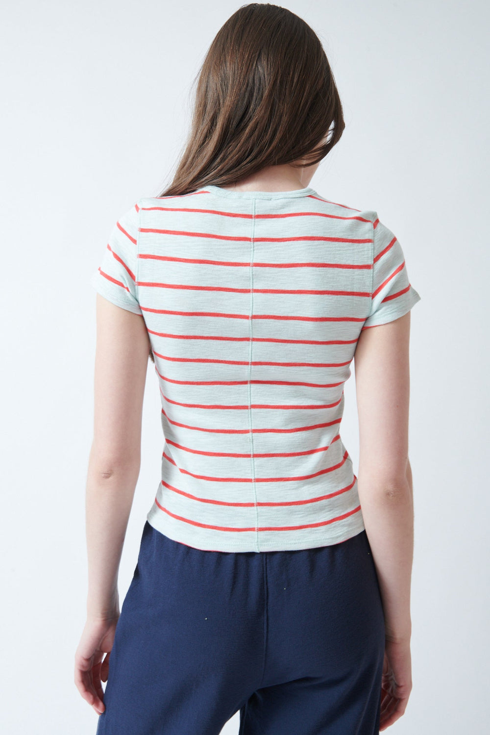 Angela wearing Lilla P Striped Short Sleeve Back Seam Tee rear view