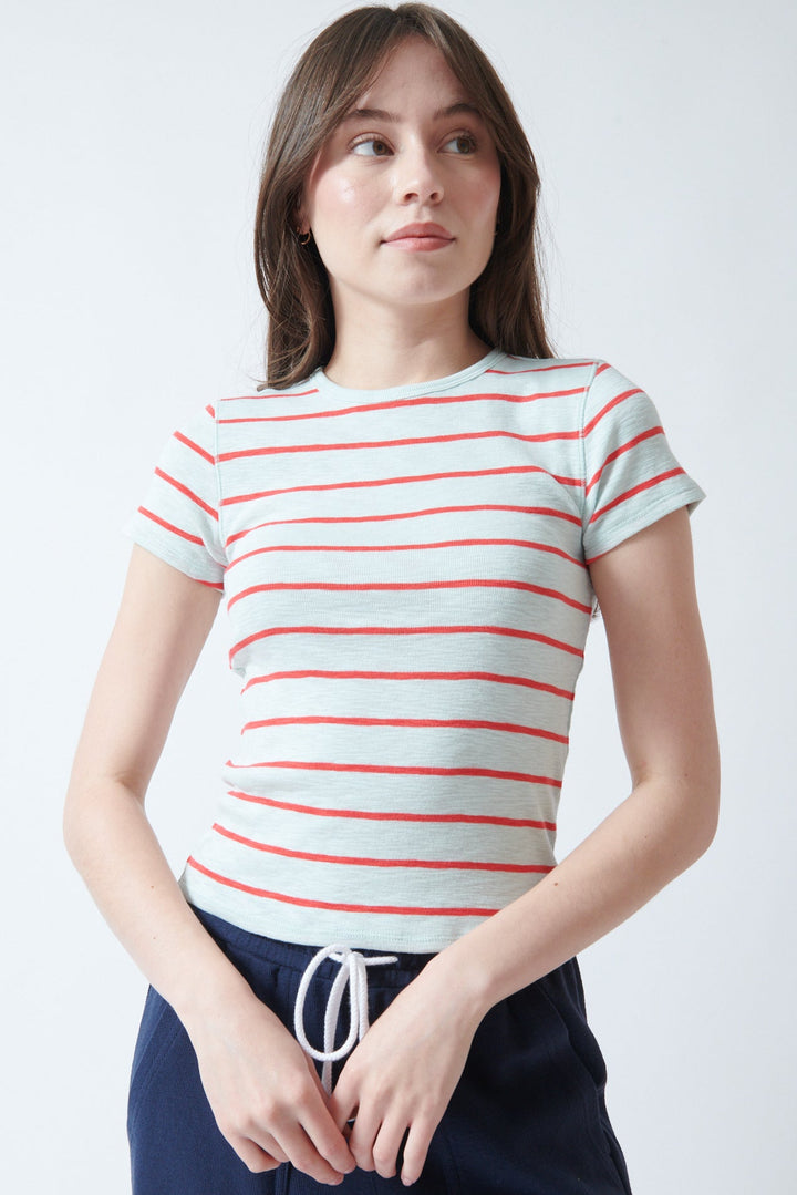 Angela wearing Lilla P Striped Short Sleeve Back Seam Tee front view