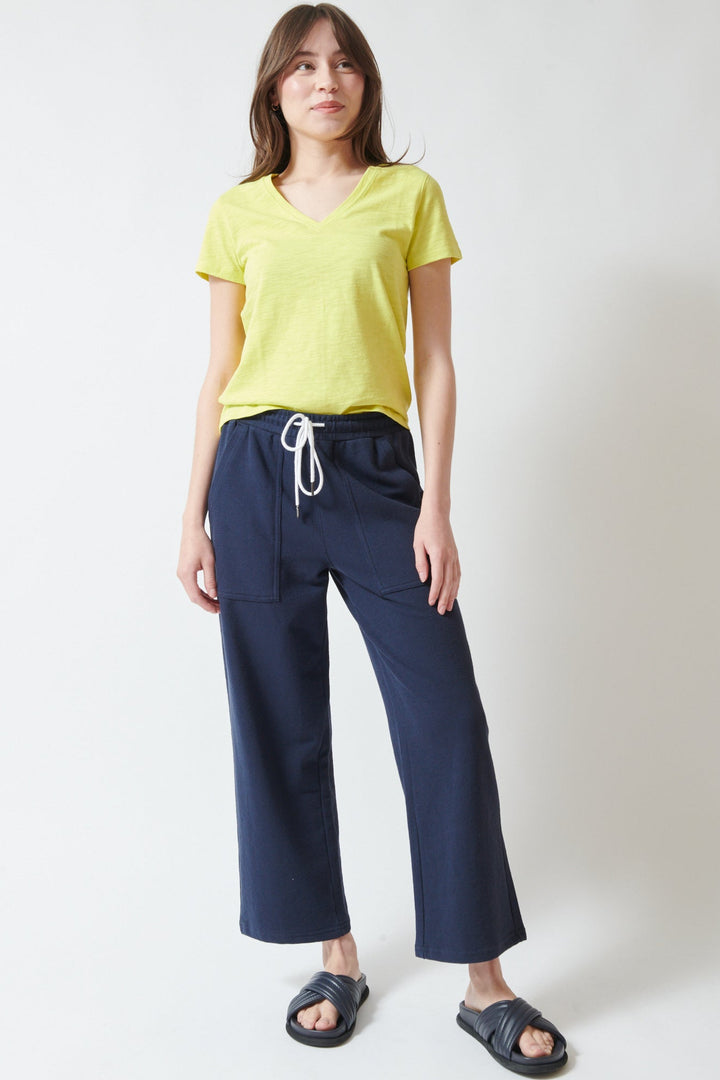 Angela wearing Lilla P Textured Terry Pant Navy front view
